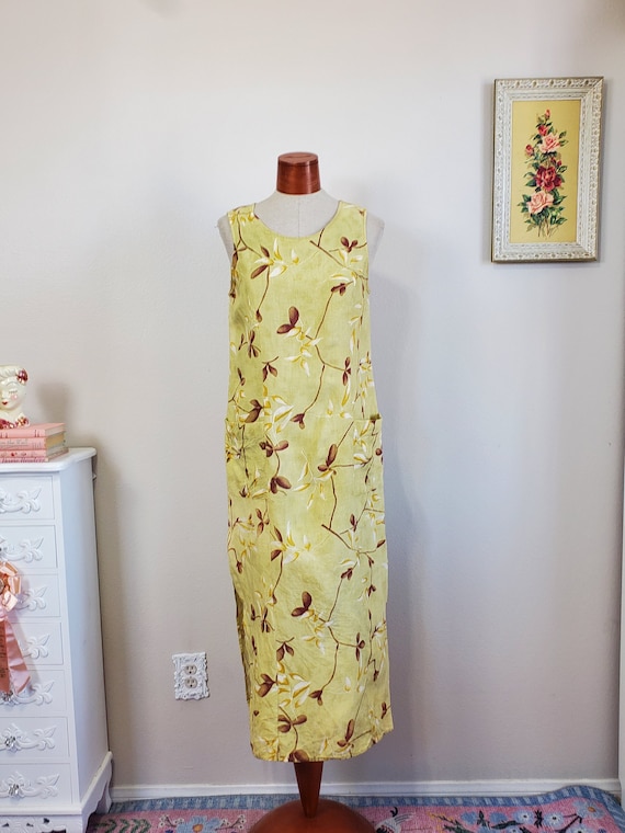 Spring Gardening | Vintage 1990's / Y2K Pale Green Floral Foliage Pure Linen Pocket Dress | Tess Dress | Medium