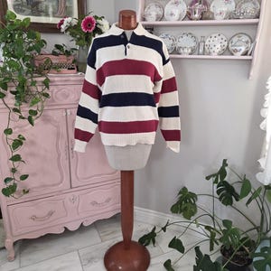 Jersey de punto de algodón a rayas rojas, blancas y azules, estilo preppy vintage de los años 80/90 / Isle of Cotton, fabricado en EE. UU. / Talla M para hombre