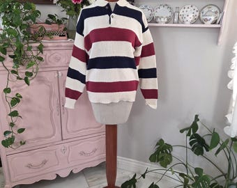 Jersey de punto de algodón a rayas rojas, blancas y azules, estilo preppy vintage de los años 80/90 / Isle of Cotton, fabricado en EE. UU. / Talla M para hombre
