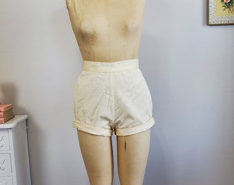 By The Seashore | Vintage 1950's Pale Yellow Cotton High Waisted Beach Shorts | Queen Casuals | AS IS | XS to Small