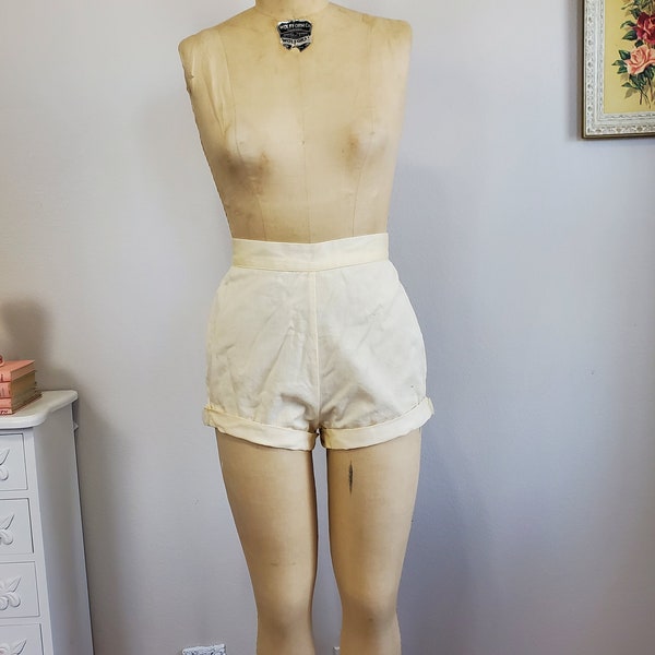 By The Seashore | Vintage 1950's Pale Yellow Cotton High Waisted Beach Shorts | Queen Casuals | AS IS | XS to Small