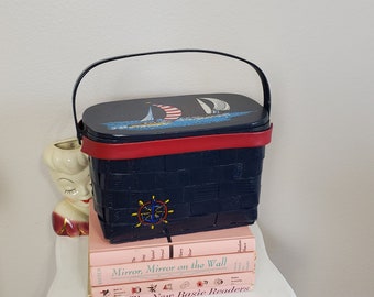 Sail Away | Vintage 1970's Box Purse with Hand Painted Sail Boats Signed Red Calico Lining | Nautical Novelty Purse