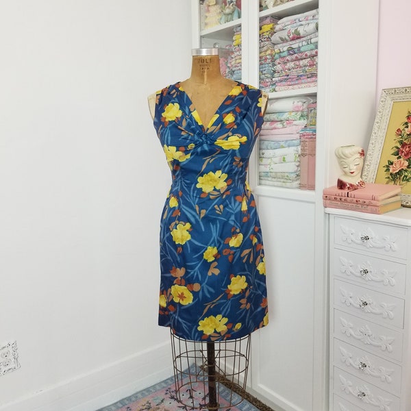 Vintage 1950's / 60's Blue And Yellow Floral Silk Wiggle Cocktail Dress V Neck Pleated Bodice / M W Creative Couture Paris / XS to Small