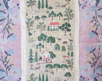 Vintage 1960's Primitive Theme Tea Towel Houses Horse and Carriage General Store | 16" x 30"