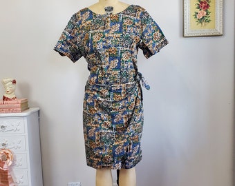 Island Cutie |  Vintage 1990's / Y2K Mid Century Style Hawaiian Tiki Sarong Style Wrap Green Blue Brown Dress | Hilo Hattie | XL Volup