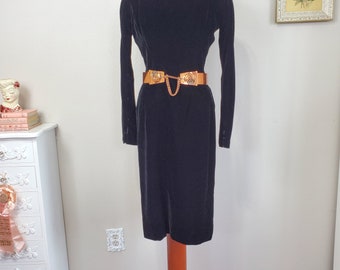 Vintage 1950's Black Velvet Wiggle Dress Long Sleeves | Gigi Young New York | Small to Medium