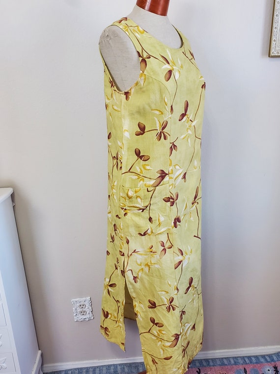 Spring Gardening | Vintage 1990's / Y2K Pale Green Floral Foliage Pure Linen Pocket Dress | Tess Dress | Medium View 4