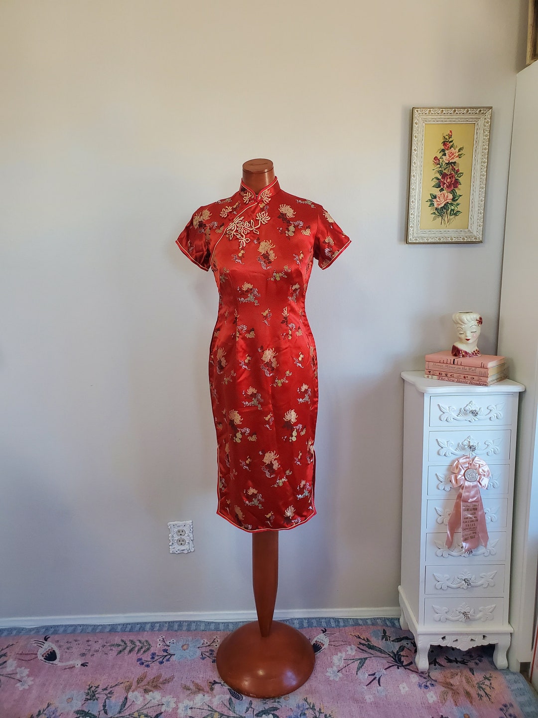 【GENERAL IDEA】Smocking Flower Long ワンピース Bow One-shoulder Gold Leaf Brocade Maxi Bridesmaid Dress