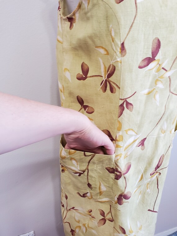 Spring Gardening | Vintage 1990's / Y2K Pale Green Floral Foliage Pure Linen Pocket Dress | Tess Dress | Medium View 3