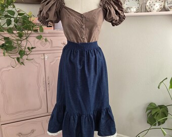 Vintage 1970's / 80's Blue Denim Midi Skirt With Eyelet Lace Trimmed Ruffle | Instant Prairie Skirt | Large