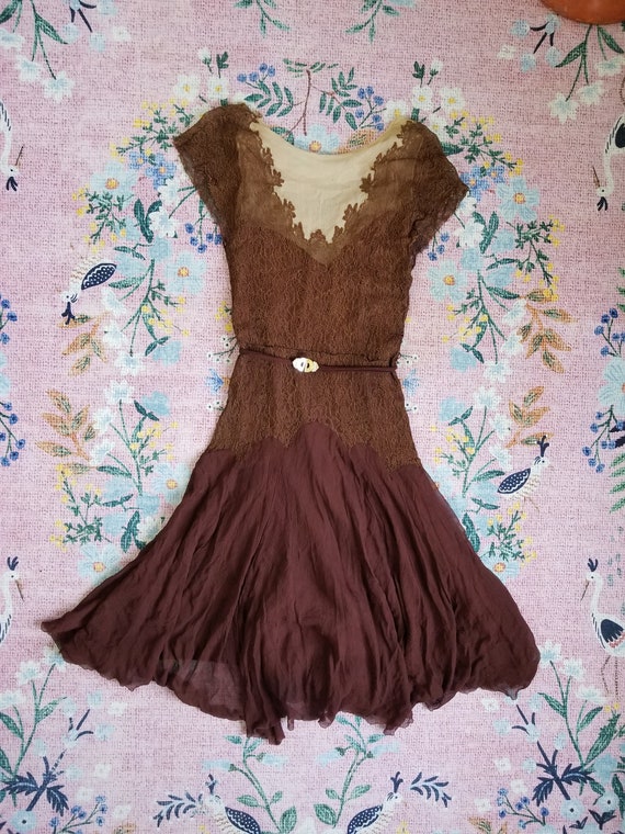 Vintage 1920's/30's Brown Silk and Lace Dress with