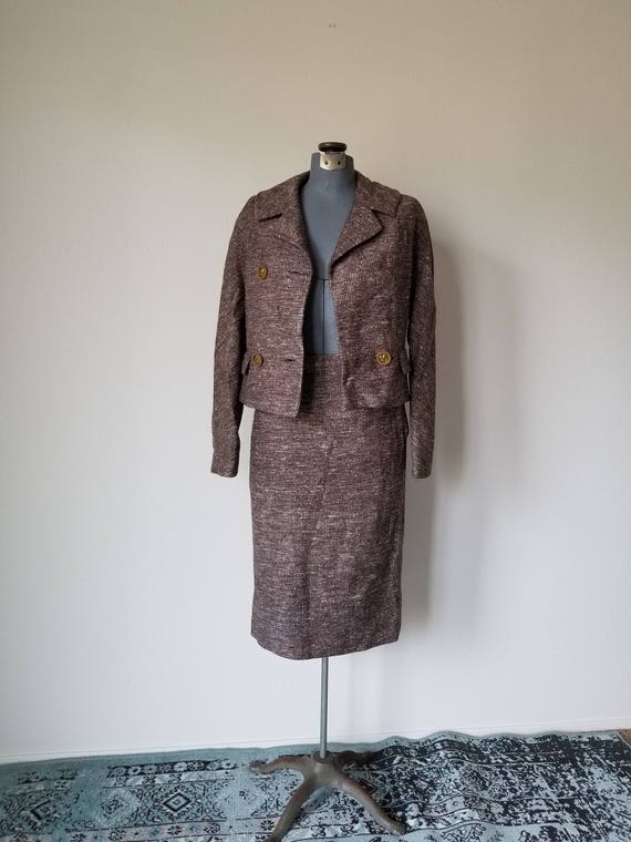 Vintage 1960's Brown Tweed Skirt Suit with Sackbac