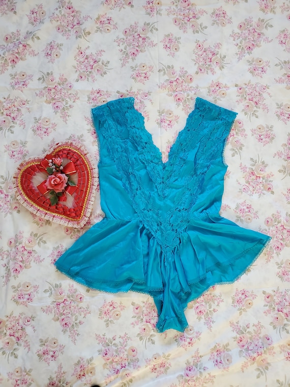 Vitnage 1970's / 80's Teal Blue Teddy Lingerie Lac