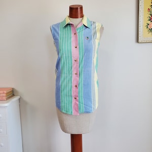 VIntage 1980&#39;s / 90s Pastel Vertical Striped Sleeveless Button Up Blouse Preppy | Duck Head | Small