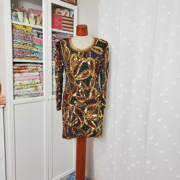 Vintage 1980's / 90's Heavily Beaded Sequinned Silk Dress / Mini Dress With Long Sleeves / Grace Originals / Small to Medium