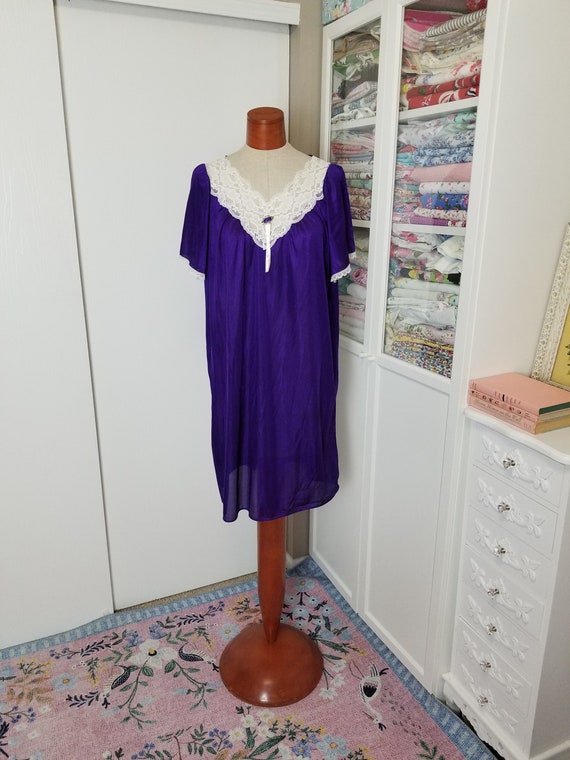 Vintage 1980's Royal Purple Nylon Nightie With La… - image 1