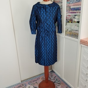 Vintage 1950&#39;s Blue Brocade Leaf Print Novelty Wiggle Dress with Matching Jacket / Winds of Change / Small