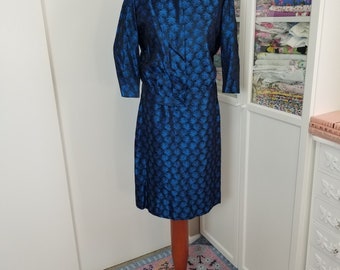 Vintage 1950's Blue Brocade Leaf Print Novelty Wiggle Dress with Matching Jacket / Winds of Change / Small