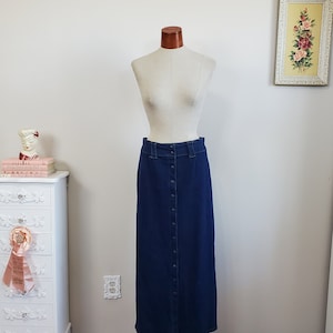 Der Reisende | Vintage 1990er / Y2K Blauer Jeans-Baumwoll-Stretchrock Knopf-Frontrock SNap-Frontrock | Moda International | Mittel