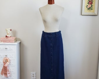 The Traveler | Vintage 1990's / Y2K Blue Denim Cotton Stretch Skirt Button Front Skirt SNap Front Skirt | Moda Int'l | Medium