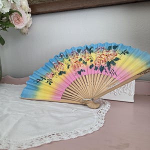 Vintage 1960&#39;s Paper And Wood Accordion Folding Fan Pastel Rose Funeral Fan | Vintage Advertising Fan Denton Donaldson & Kuhn Columbus