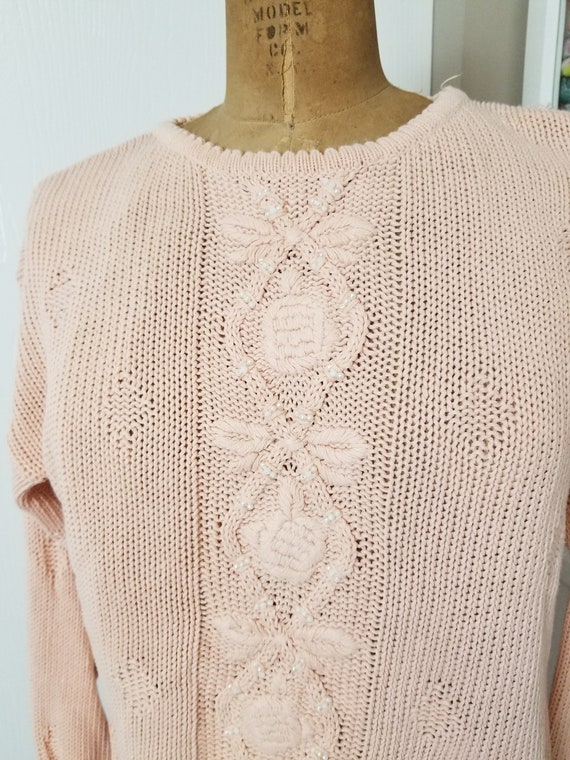 Vintage 1980's / 90's Pink Cotton Knit Sweater wi… - image 3