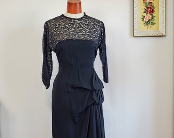Noir Nights | Vintage 1940's Black Rayon Crepe Dress With Lace Top And Side Draping | Small