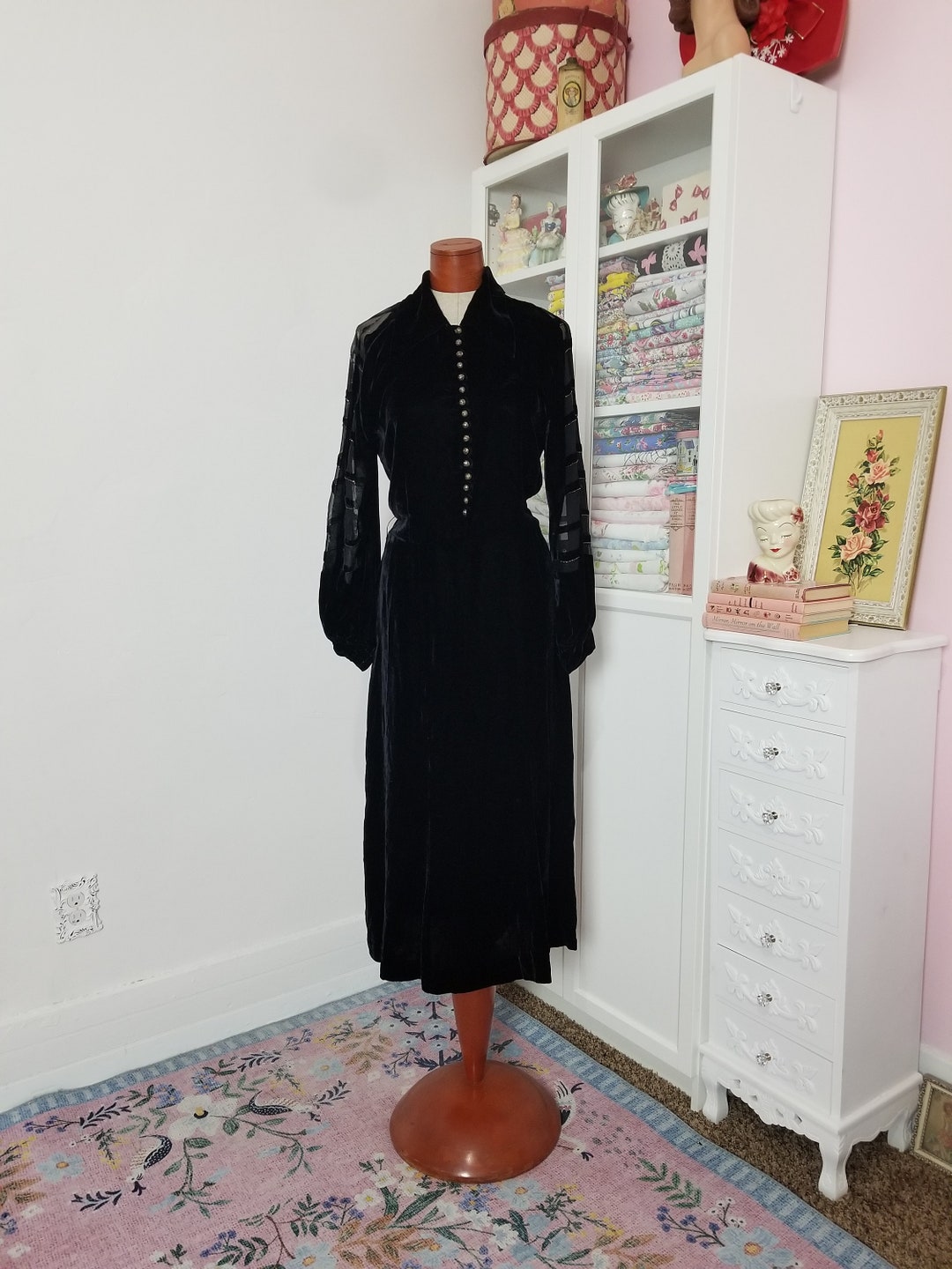 Vintage 1930's Black Velvet Dress With Burnout Bishop Sleeves and Metal ...