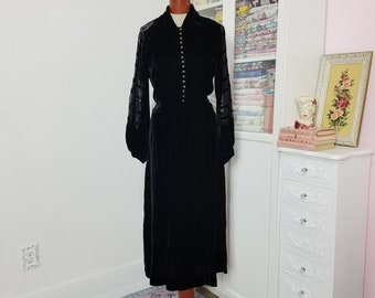 Vintage 1930&#39;s Black Velvet Dress With Burnout Bishop Sleeves And Metal Buttons / Meet Me At Midnight / Large