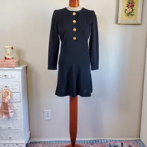 Vintage 1980&#39;s Black Wool Yves Saint Laurent Rive Gauche Mini Dress Gold Buttons | Size 40 Small to Medium | AS IS