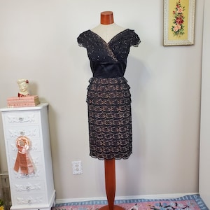 Vintage 1950&#39;s Black Lace Rhinestone Studded Wiggle Cocktail Dress | After Dinner Drinks | Small