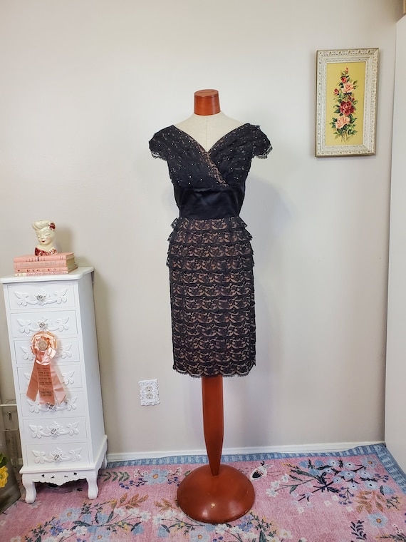 sachin and babi light blue dress Vintage 1950's Black Lace Rhinestone Studded Wiggle Cocktail Dress | After  Dinner Drinks | Small