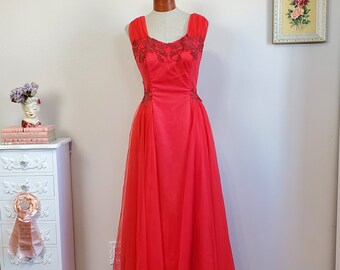 Queen of Hearts | Vintage 1950's Red Bombshell Party Dress With Nylon Chiffon Skirt And Rose Appliques | Ann's Vogue Shop | Large