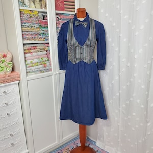 Vintage 1970&#39;s / 80&#39;s Quirky Denim Dress With Striped Bow and Vest Ruffled Neckline / County Dance / Small to Medium