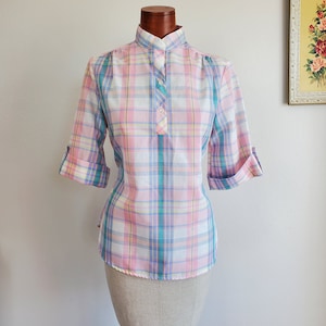 Vintage 1980&#39;s Pastel Cool Tone Plaid Button Up Shirt With Cuffed Short Sleeves | REmo Classics | Small to Medium