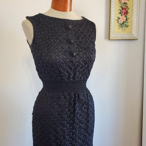 On The Town | Vintage 1950&#39;s / 60&#39;s Black Ribbon Work Wiggle Dress Rhinestone Button Detail | Small