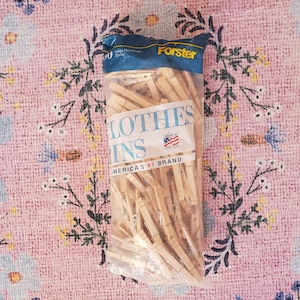 Vintage 1990&#39;s New in Bag 100 American Made Wooden Clothes Pins Galvanized Wire Spring 3.5 Inch Lg | Maine Hardwood Clothespins | Forster