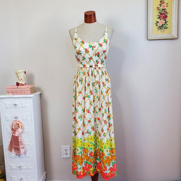 Vintage 1960's Nylon Jersey Maxi Sundress Border Floral Tulip Print Built in Bra | Sandcastle | Small to Medium