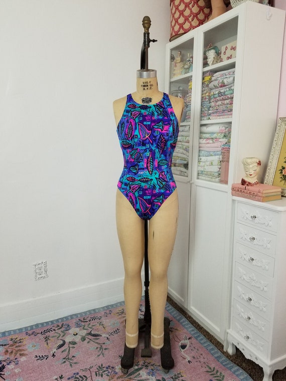 Vintage 1980's Bright Purple Blue Gold Leaf Print One Piece