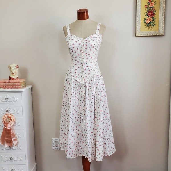 Rosebud | Vintage 1980's Does 50's White and Pink Rose Print Cotton Button Front Sundress Corset Style Bodice | Starina Deadstock | Small