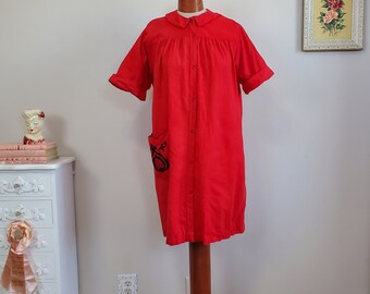 Good Night | Vintage 1950's Red Flannel Cotton Snap Front Robe House Coat | Medium to XL