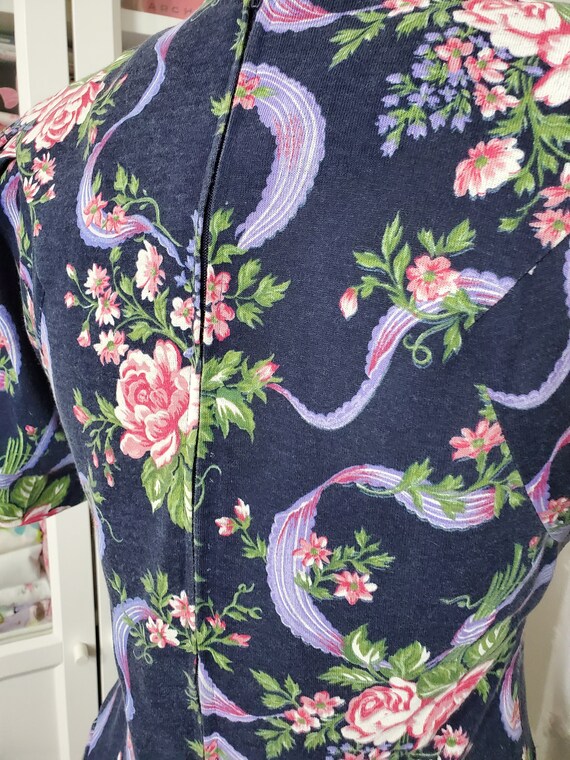 Vintage 1980's Does 40's Navy Floral Pink Rose An… - image 9