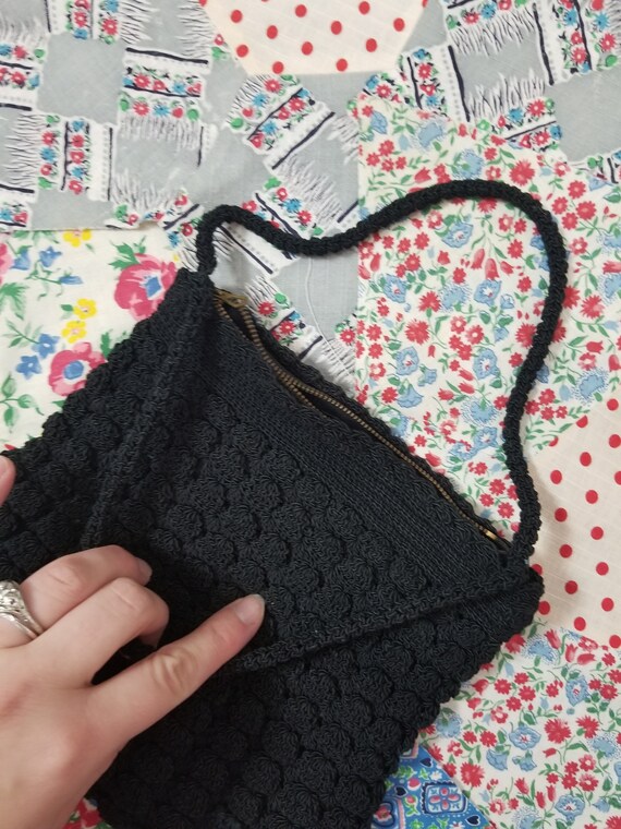 Vintage 1930's / 40's Black Corde Crochet Handbag… - image 6