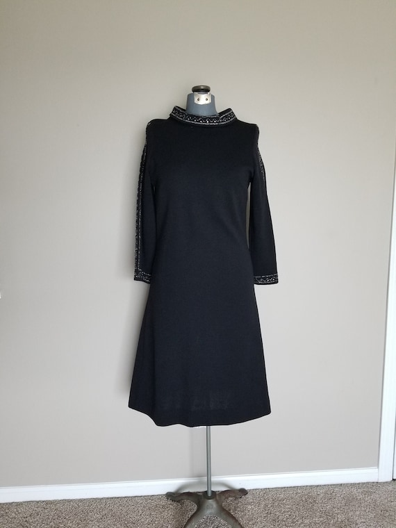 Vintage 1960's Black Wool Knit Dress with Rhinest… - image 1