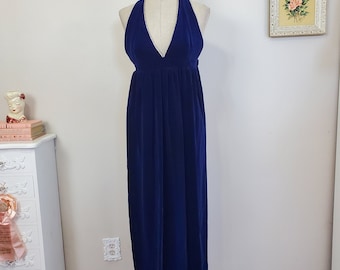 Vintage 1960s/70s Blue Velvet Velveteen Maxi Dress With Rhinestone Neck and Open Back | Disco Diva | Small