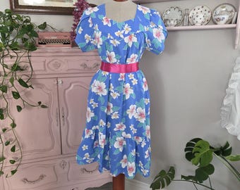 Vintage 190's Blue Hawaiian Print Muumuu Dress White Florals Hibiscus | Kalena Fashion of Hawaii | Medium