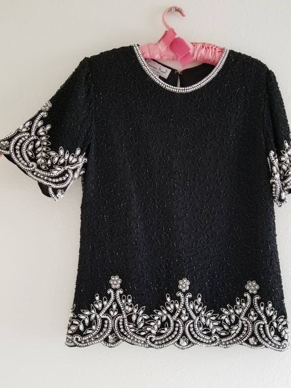 Vintage 1980's Black Silk  Beaded Top Laurence Ka… - image 3