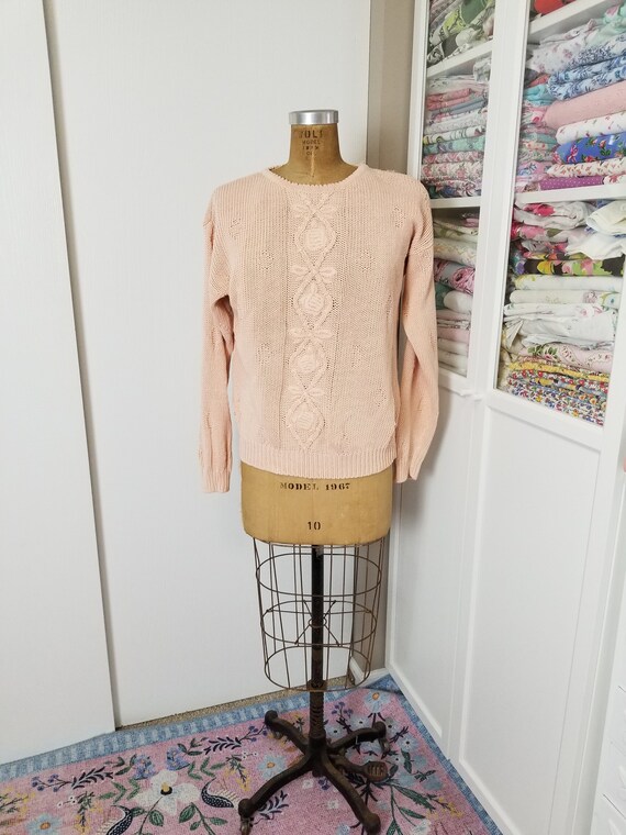 Vintage 1980's / 90's Pink Cotton Knit Sweater wi… - image 1