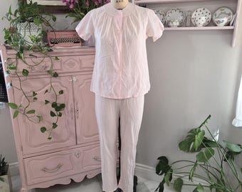 Pillow Talk | Vintage 1950's Pale Pink Cotton Two Piece Pajama Set Embroidered Top | Size 34 Small