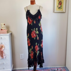 Vintage 1990&#39;s Does 30&#39;s Black With Red Rose Flowers Slip Dress Bias Cut Asymmetrical Lace Hem | Laura Concetta